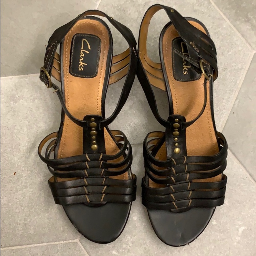 Clarks leather and cork t-strap sandal wedges
